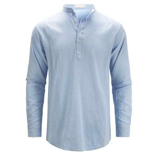 Riolio Men's Cotton Linen Long Sleeve Polo Shirt Lightweight Henley Neck Hawaiian Beach Style Solid Color Tops Vacation T-shirt - Image 8