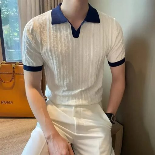 Riolio Men's Knit Short Sleeve Polo Shirt Casual Soft Supple High-end Feel Round Neck Loose-fit Top Japanese Style Solid Color - Image 7