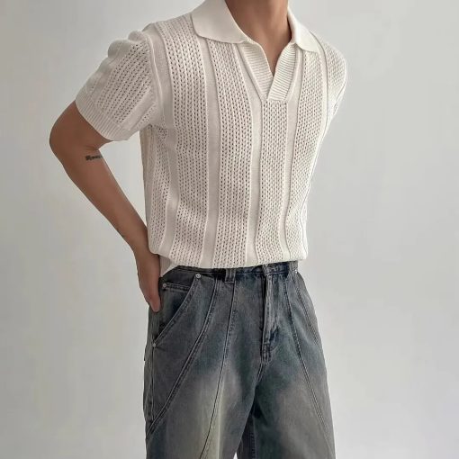 Riolio Men's Summer Korean Style Lightweight Knitshort Sleevespolo Shirt Hollow Mesh Texture Knitwear T-shirt Top Body Shirt - Image 2