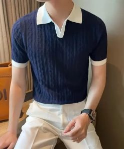 Riolio Men's Knit Short Sleeve Polo Shirt Casual Soft Supple High-end Feel Round Neck Loose-fit Top Japanese Style Solid Color