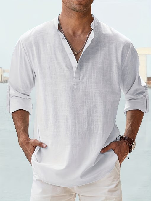 Riolio Men'S Casual Linen Roll Up Long Sleeve Shirt Cotton Shirts Henley T-Shirt Collar Vacation Tops